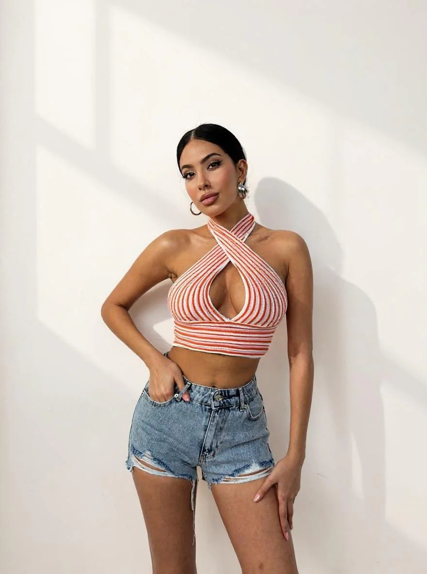 Black Fashion - Striped Tie Back Crop Top - Salmon Color