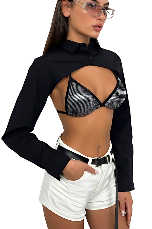 Black Fashion - Chemise Courte Coupe Crop Ovale - Noir