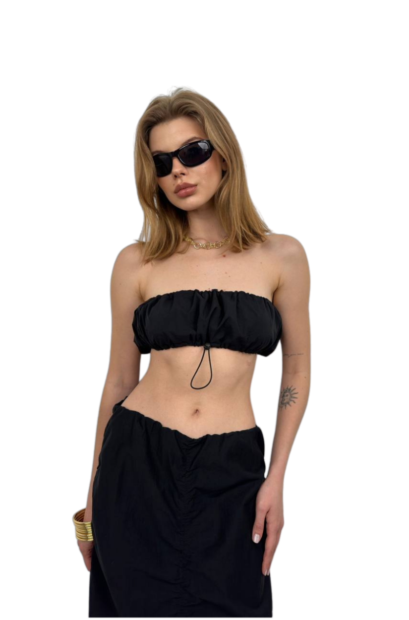Black Fashion - Strapless Crop Top with Elastic Details - Black
