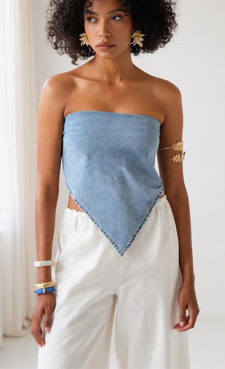 Moda Negra - Top Vaquero con Hombros Descubiertos y Lazada - Azul