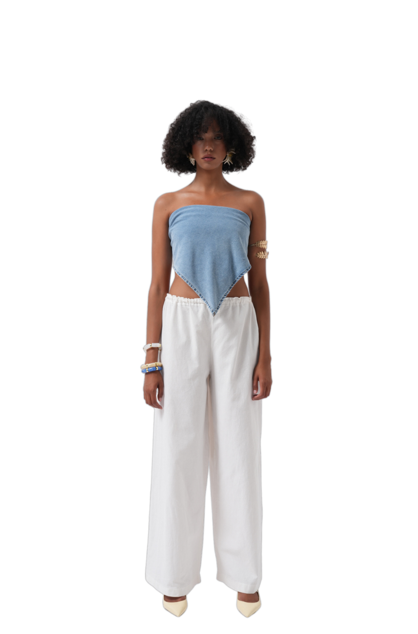 Moda Negra - Top Vaquero con Hombros Descubiertos y Lazada - Azul