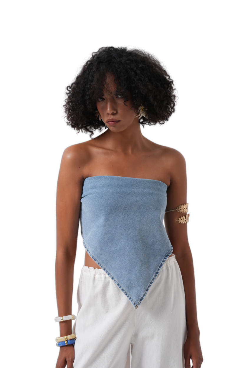 Moda Negra - Top Vaquero con Hombros Descubiertos y Lazada - Azul