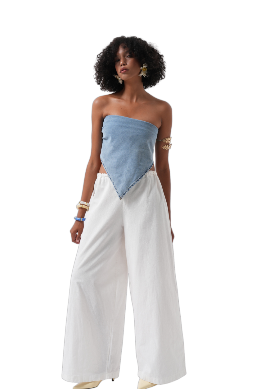 Moda Negra - Top Vaquero con Hombros Descubiertos y Lazada - Azul