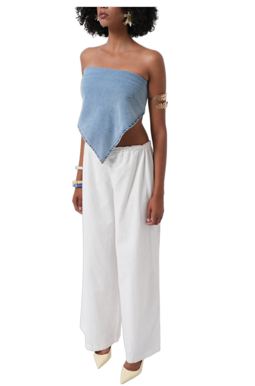 Moda Negra - Top Vaquero con Hombros Descubiertos y Lazada - Azul